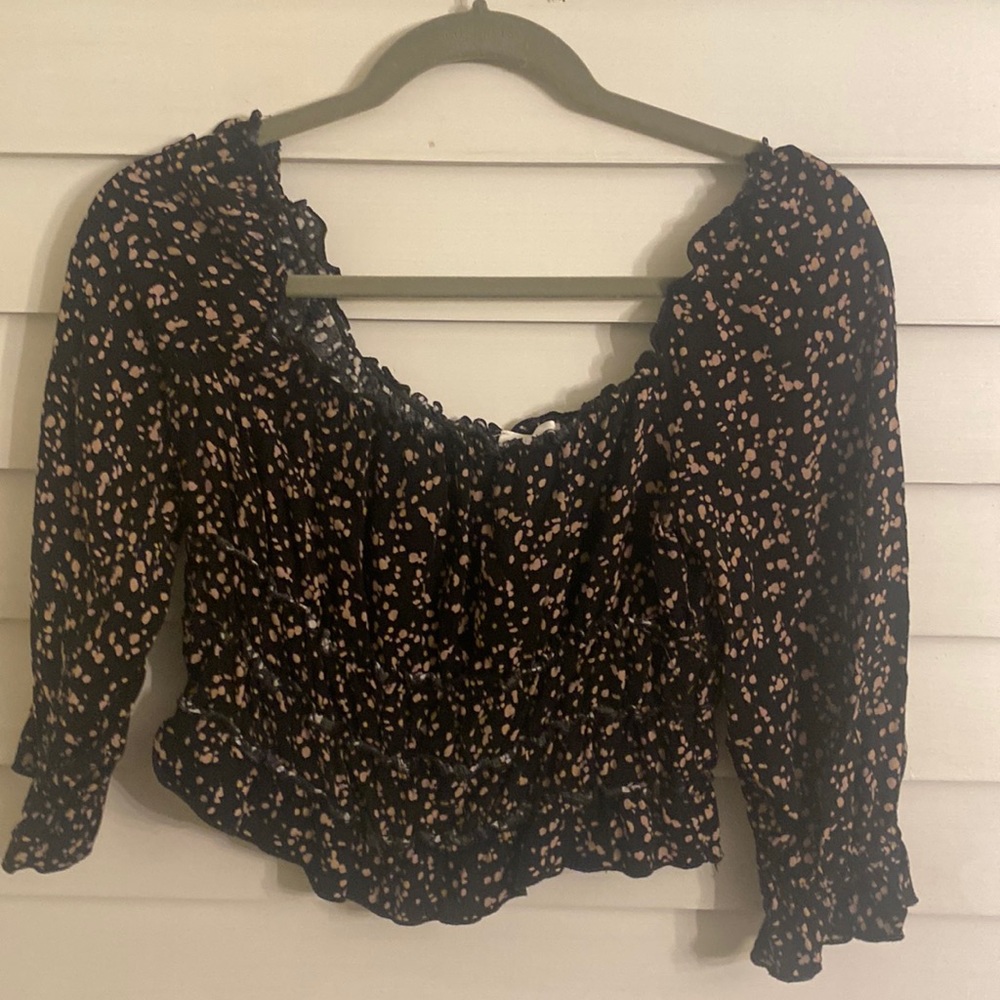 Kirious Los Angeles- Size Small Black & Beige spots patterned long sleeve blouse